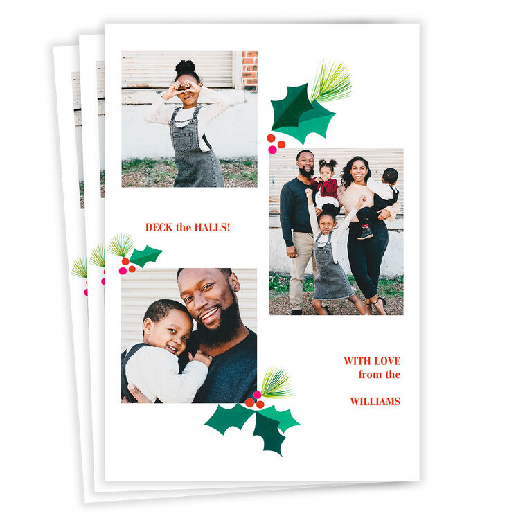 Modern Holly Photo Collage Flat Christmas Photo Card