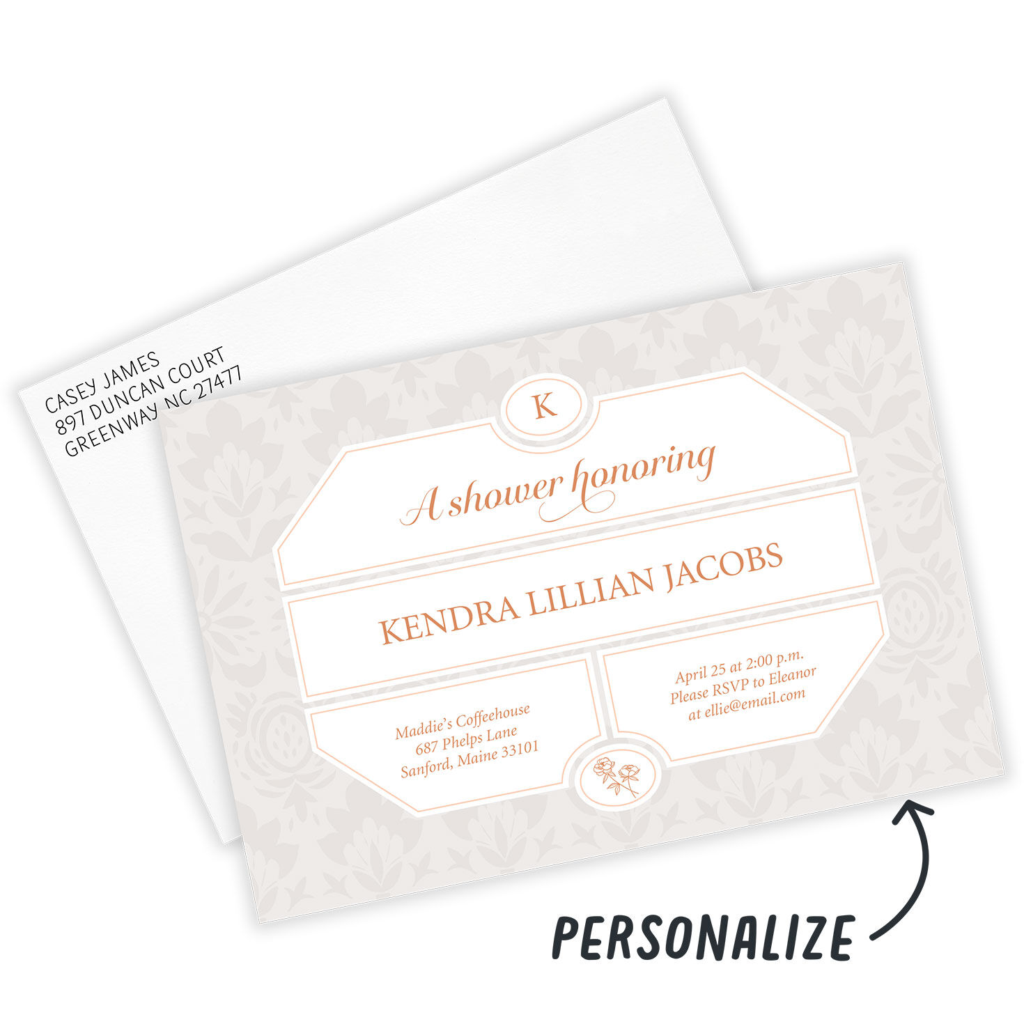 Damask Background Personalized Shower Invitation Card front with Envelope indicating personalization image number 2
