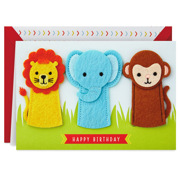 A Wild and Happy Day Birthday Card for Kids With Finger Puppets