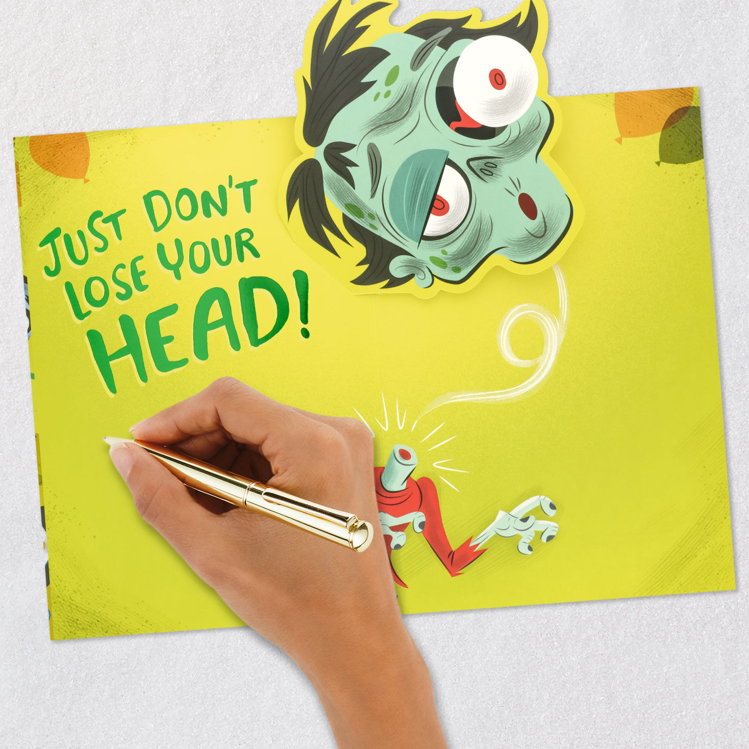 Funny Zombie on Yellow Pop-Up Halloween Card Signing card image number 6
