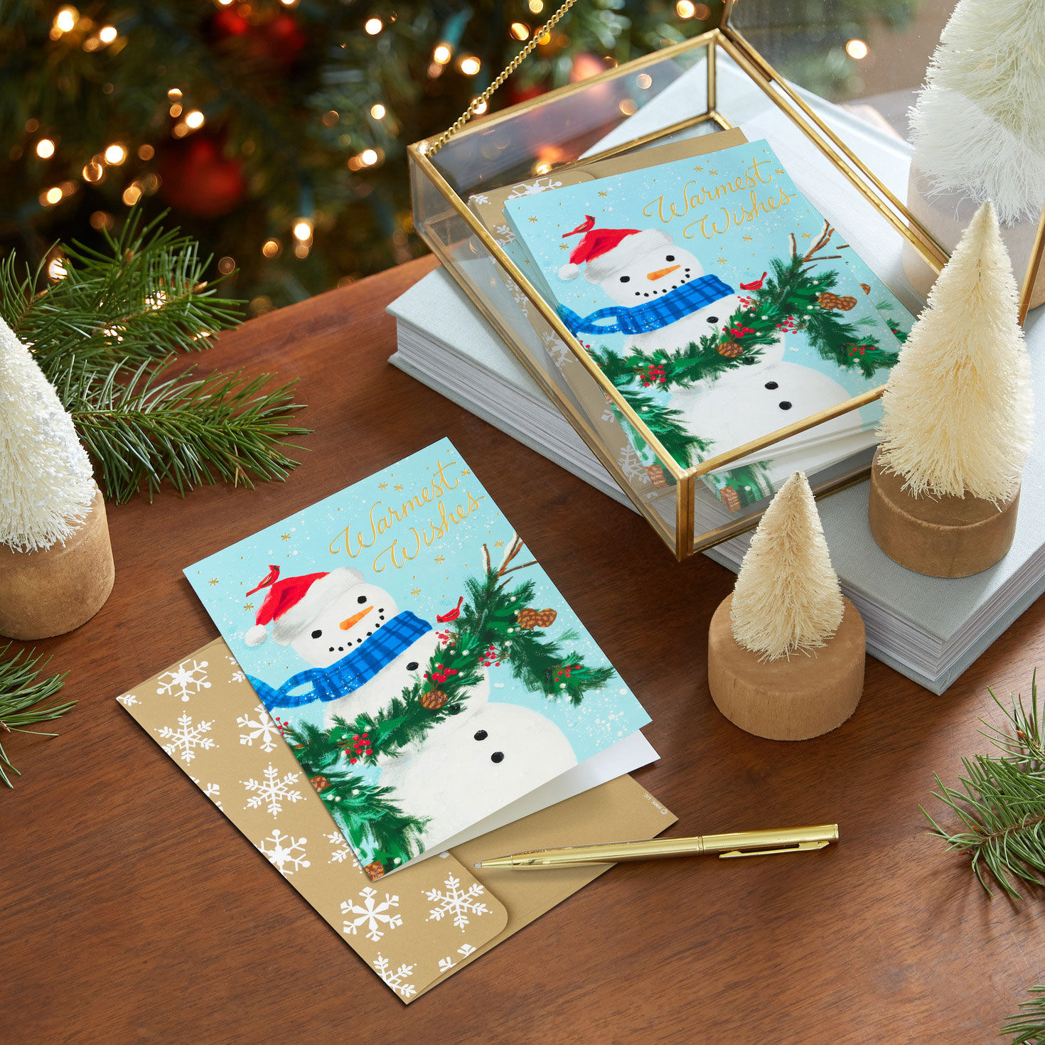 Smiling Snowman on Blue Boxed Christmas Cards In use image number 7