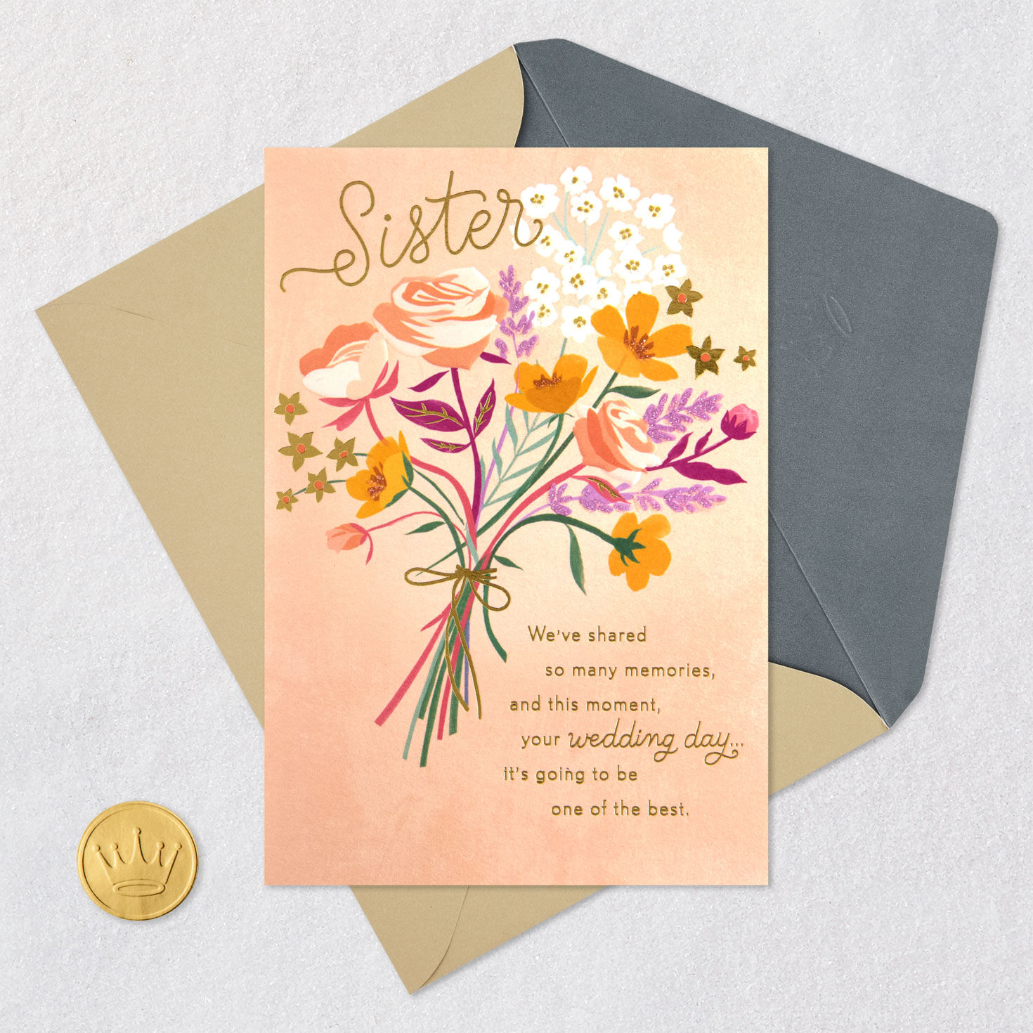 Flower Bouquet Sister Wedding Card Card Front with Envelope and Gold Seal image number 5