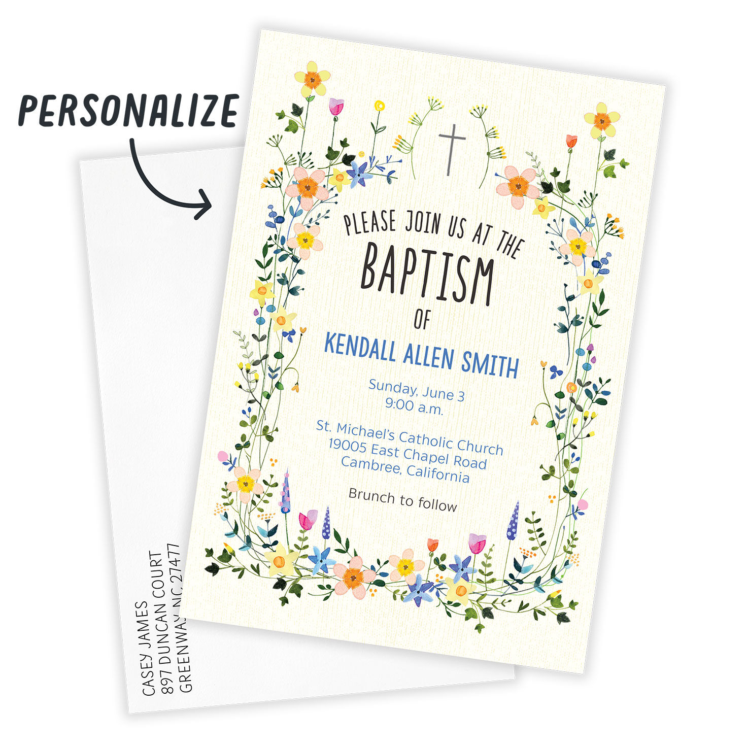 Floral Border Personalized Baptism Invitation Card Front indicating personalization image number 2
