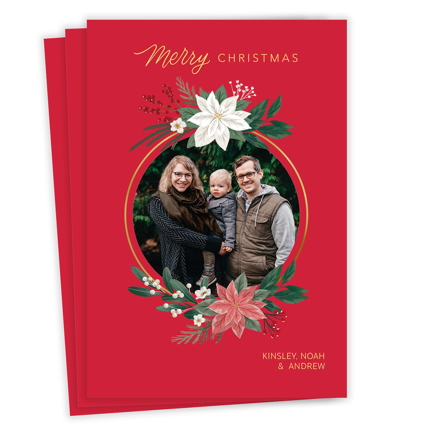 Poinsettia Gold Wreath Flat Christmas Photo Card