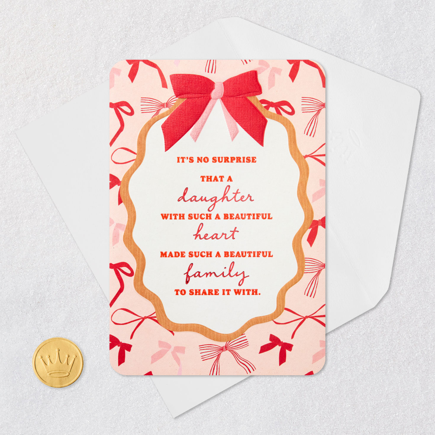 Red Bows on Pink Valentine for Daughter and Family Card Front with Envelope and Gold Seal image number 5