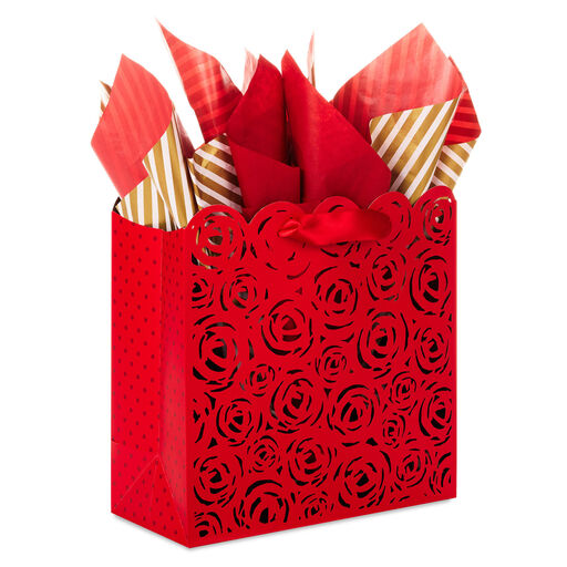 10.4" Laser-Cut Roses on Red Large Square Gift Bag With Tissue Paper, 