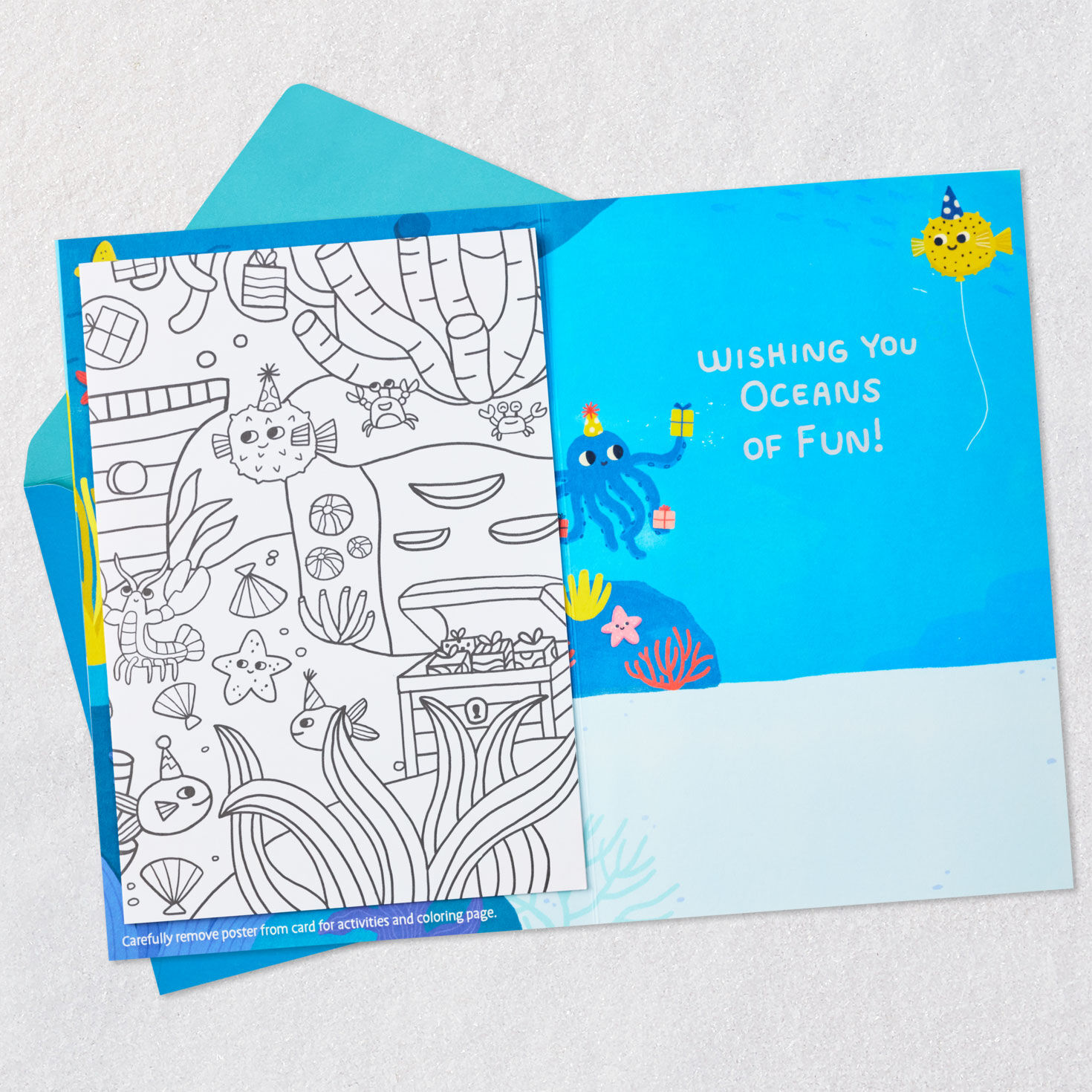 Ocean Animals Kids Coloring Birthday Card Open card with envelope image number 3