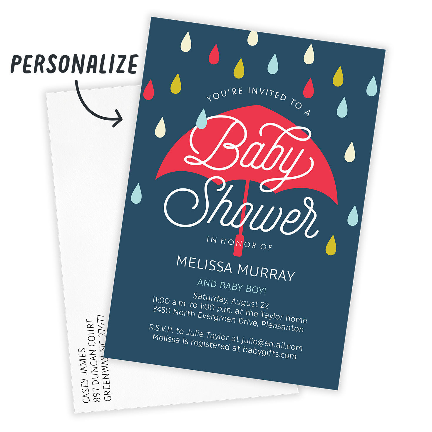 Red Umbrella Colored Raindrops Baby Shower Invite Card Front indicating personalization image number 2