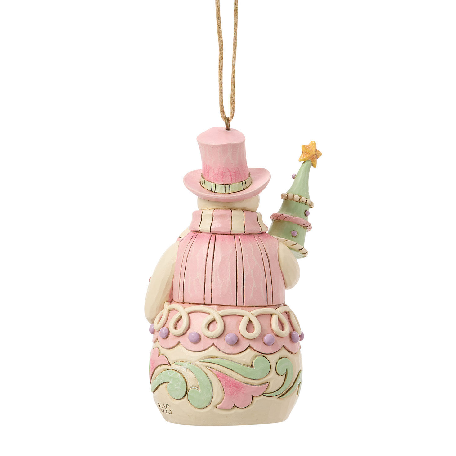 Pink and Green Snowman With Tree Jim Shore Ornament Back image number 2
