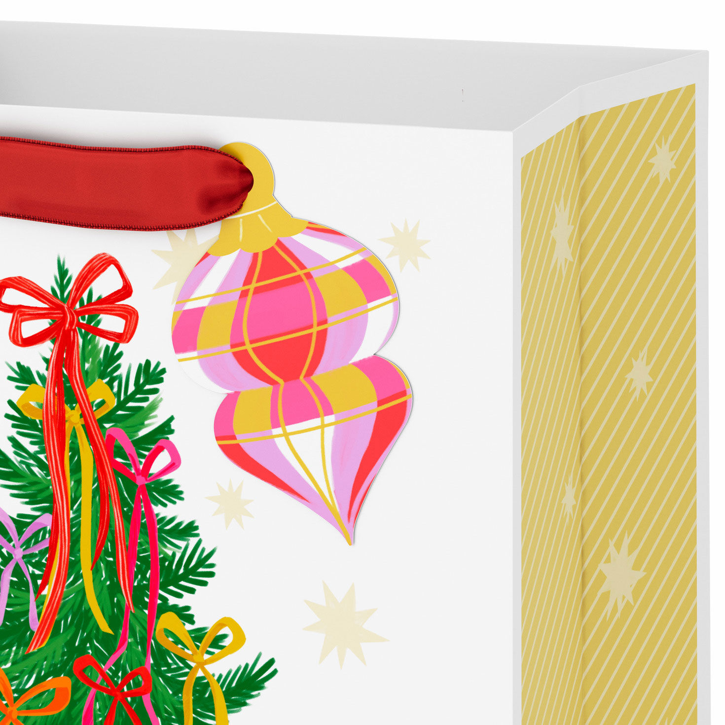 Ribbon Tree on White Medium Holiday Gift Bag Handle Detail image number 4