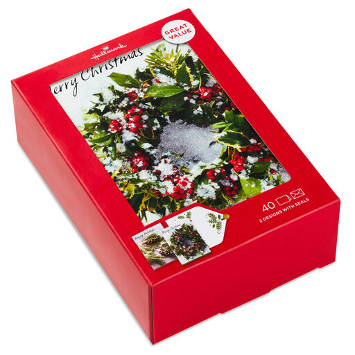 Wreath and Pine Branch Boxed Christmas Cards With Seals, Pack of 40, 