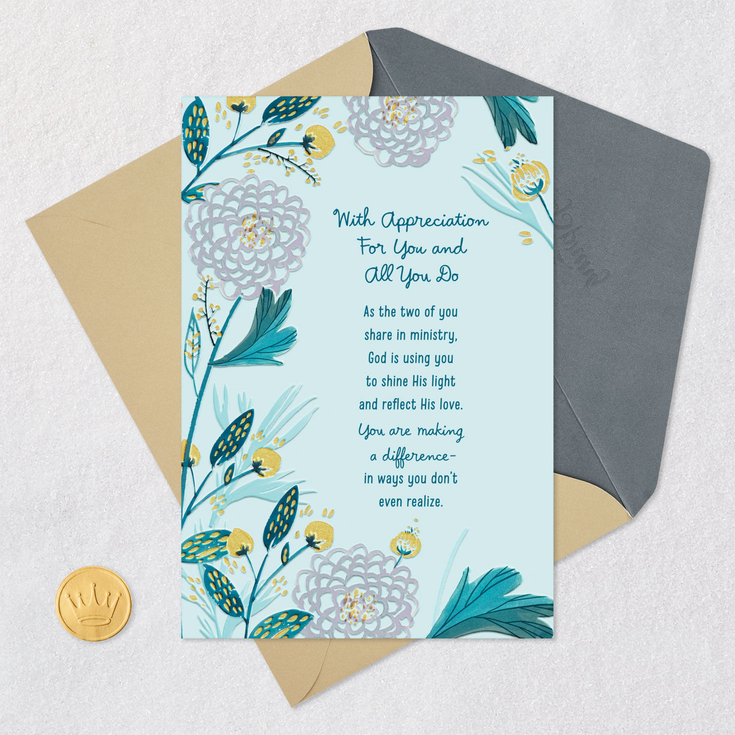 Flowers on Blue Clergy Appreciation Card for Both Card Front with Envelope and Gold Seal image number 6