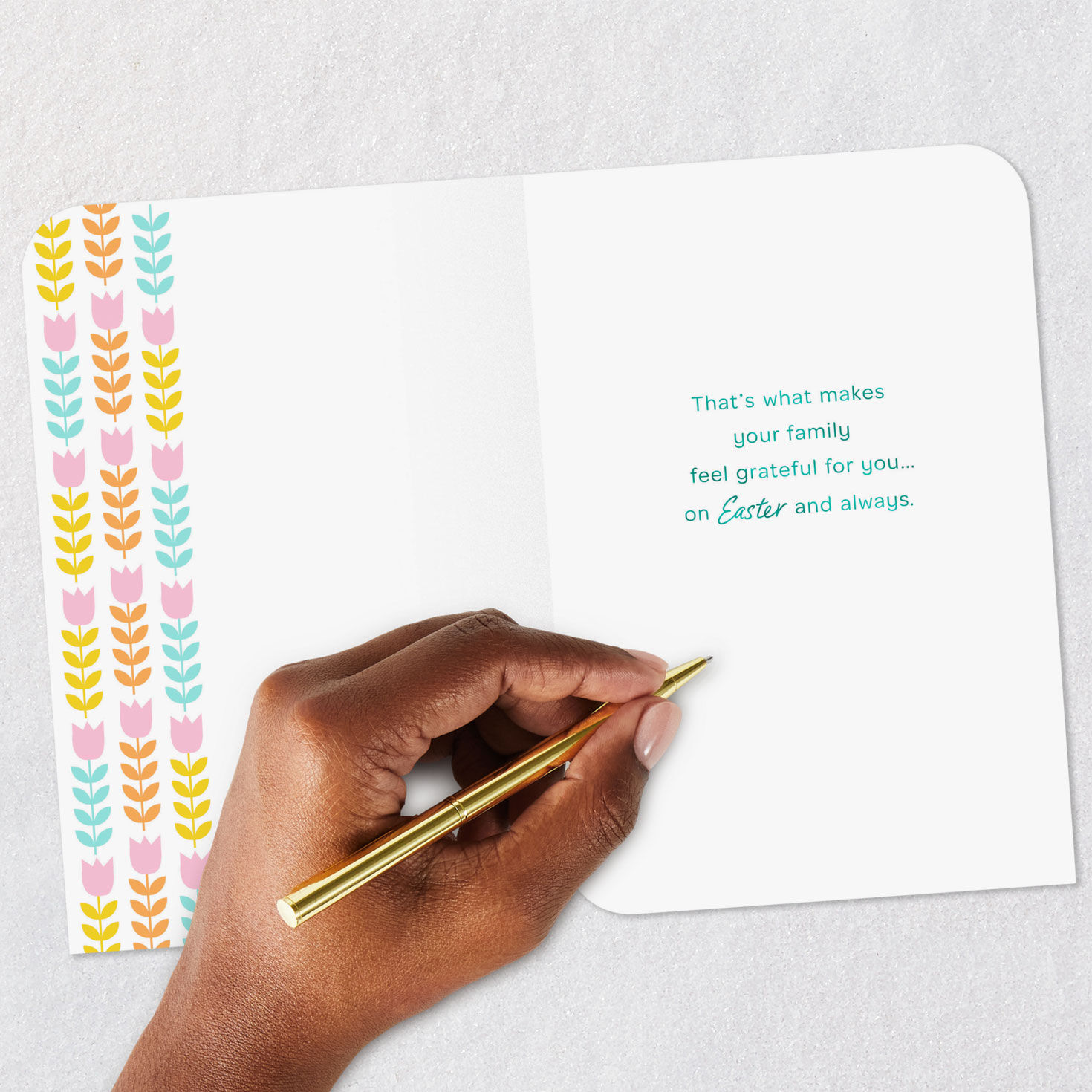 Pink Tulips with Teal and Gold Easter Card for Daughter Signing card image number 6