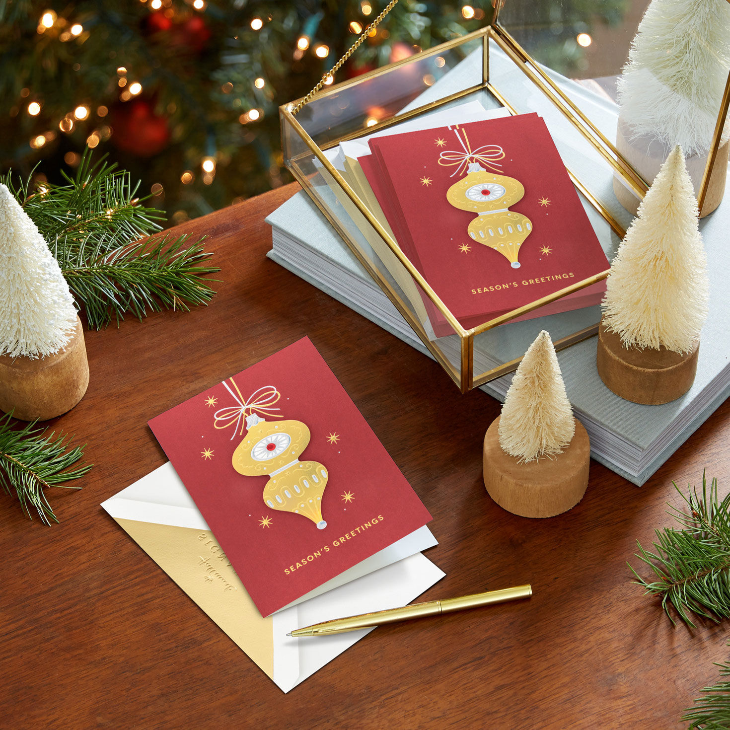 Gold Ornament on Red Boxed Christmas Cards in use image number 7