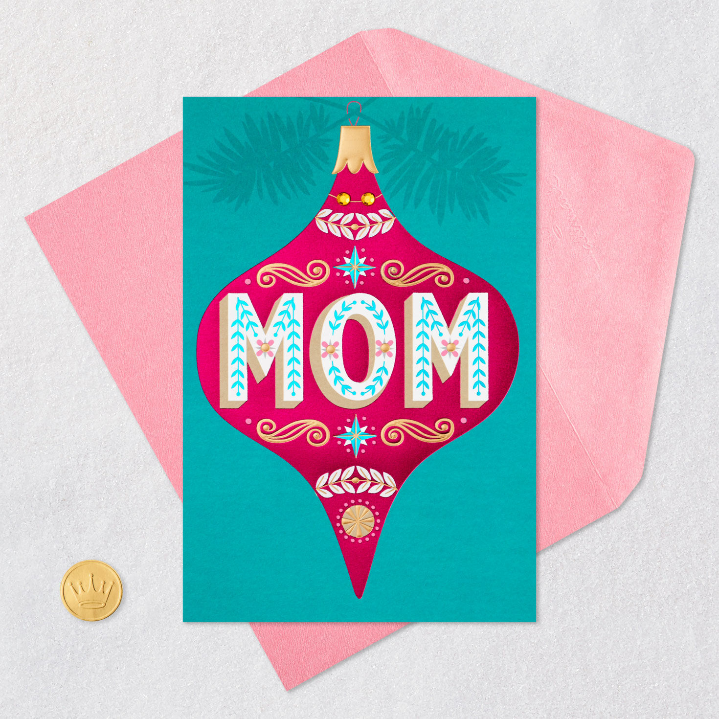 Pink and Teal Ornament Mom Christmas Card Card Front with Envelope and Gold Seal image number 6