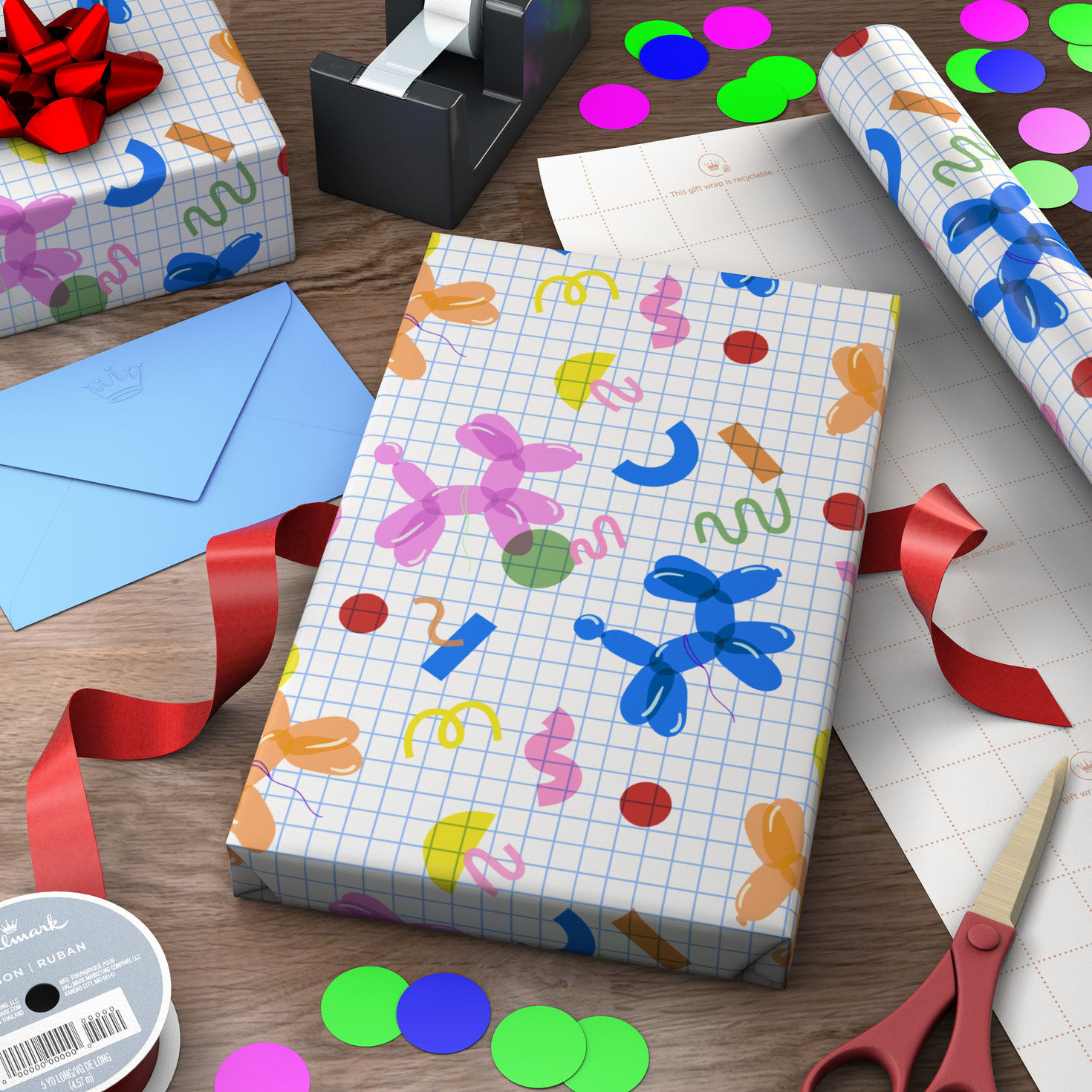 Balloon Animals on Grid Wrapping Paper Wrapped pkg image number 3
