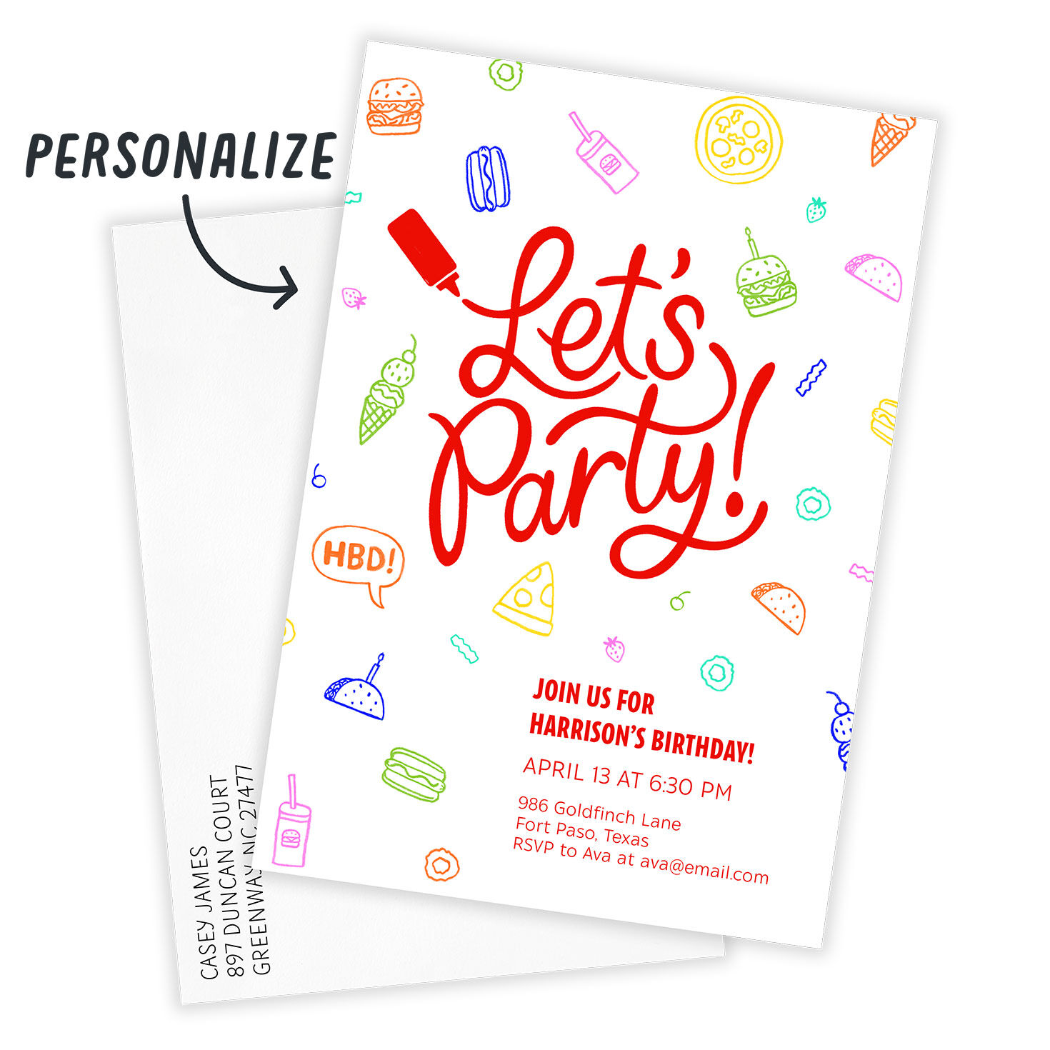 Food Icon Drawings Personalized Party Invitation Card with Envelope indicating personalization image number 2