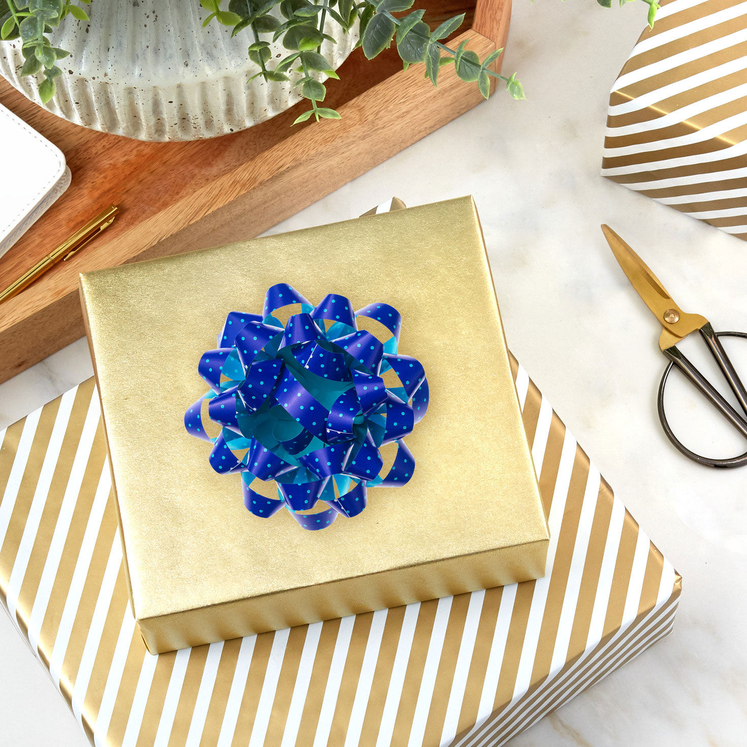 Blue With Dots and Turquoise on Reverse Gift Bow In use image number 2