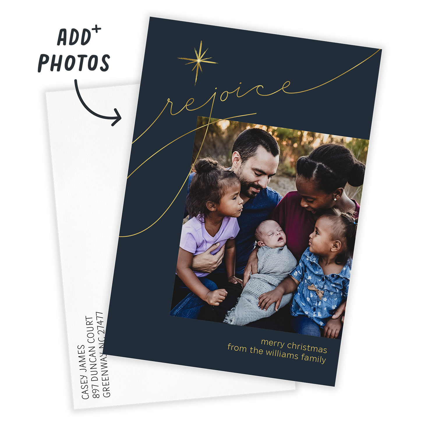 Blue Gold Rejoice Personalized Christmas Photo Card Card with Envelope indicating personalization image number 2