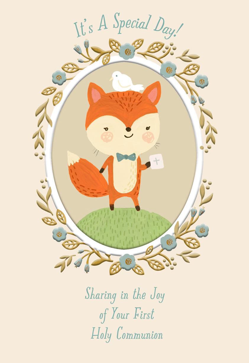 Cute Fox With Dove Religious First Communion Card