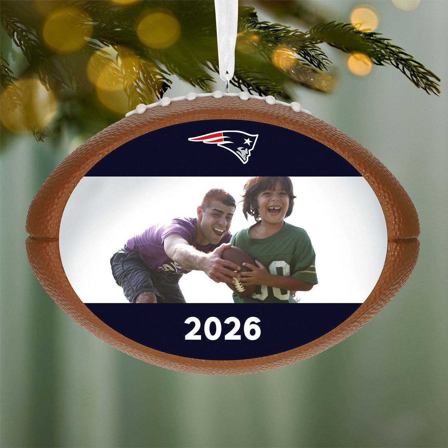 NFL Football New England Patriots Text and Photo Personalized Ornament hanging on tree image number 4