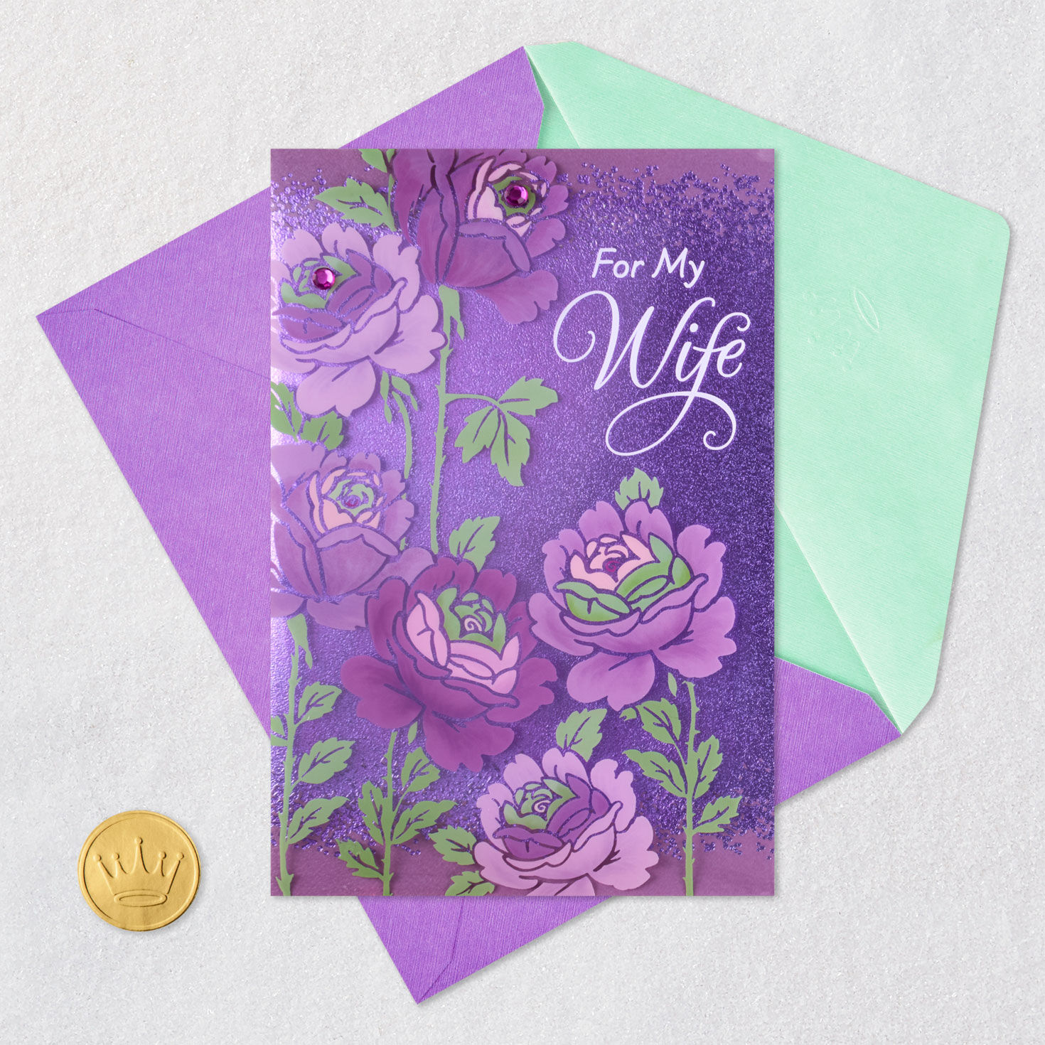 Flower Blooms on Purple Mother's Day Card for Wife Card Front with Envelope and Gold Seal image number 6