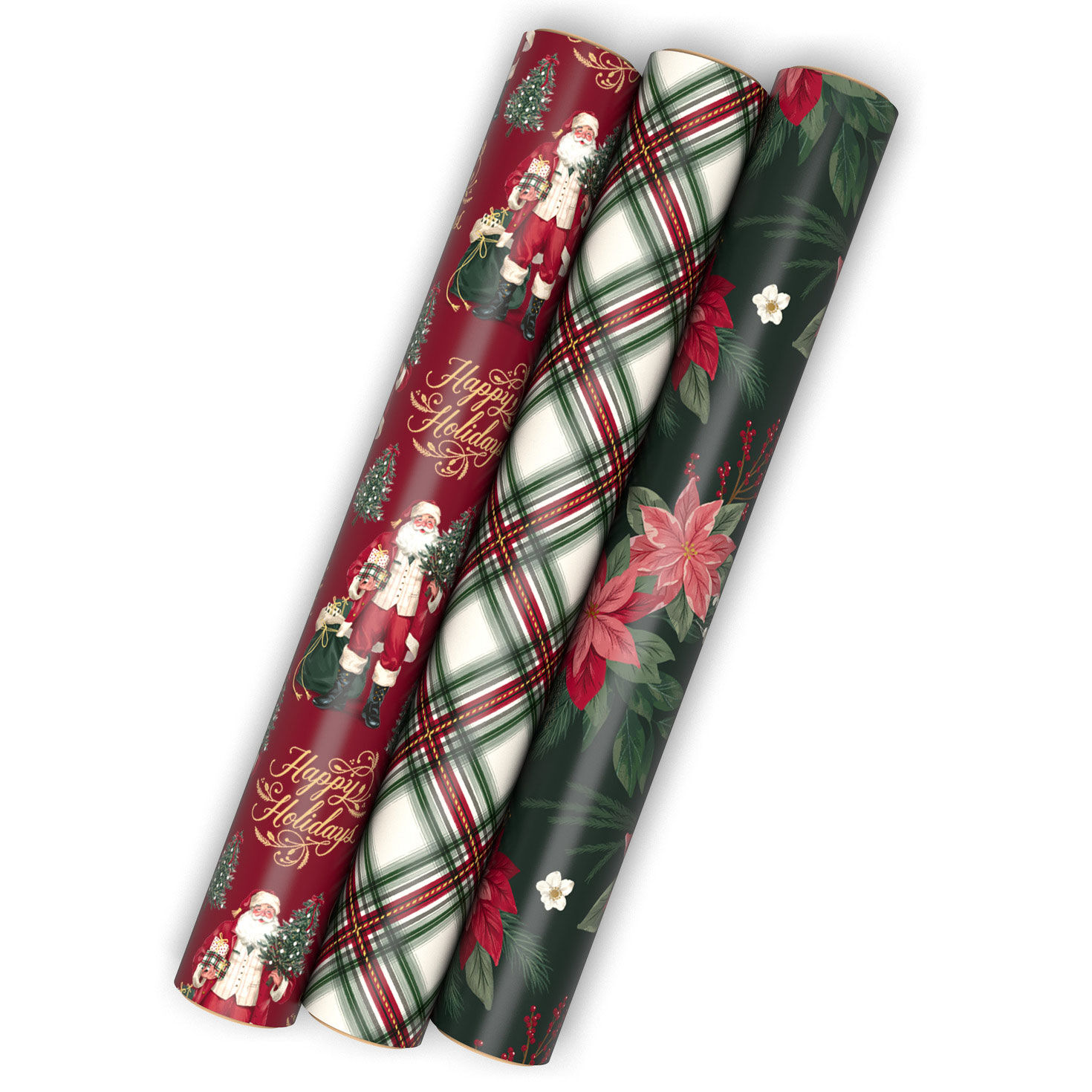 Santa, Plaid, Poinsettia 3-Pack Assorted Christmas Wrapping Paper Mini Roll Bundle, 75 sq. ft. total