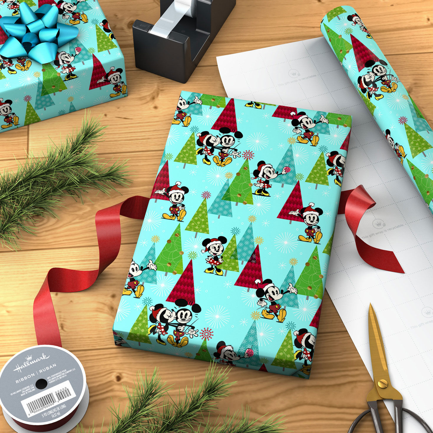 Disney Vintage Mickey and Minnie on Blue Christmas Wrapping Paper Roll, 25 sq. ft. for only USD 4.99 | Hallmark