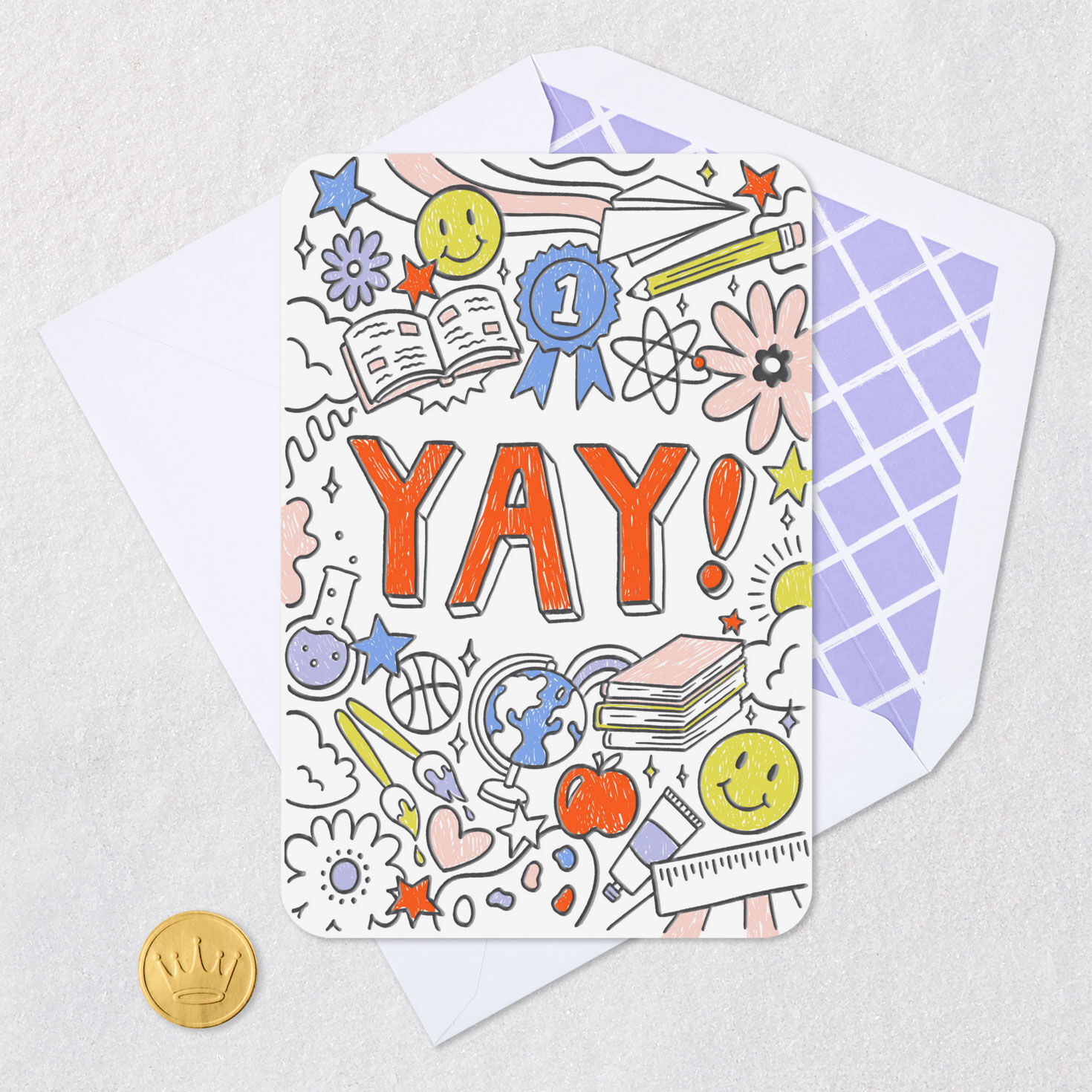 Colorful Doodle Yay Achievement Card for Kids Card Front with Envelope and Gold Seal image number 5