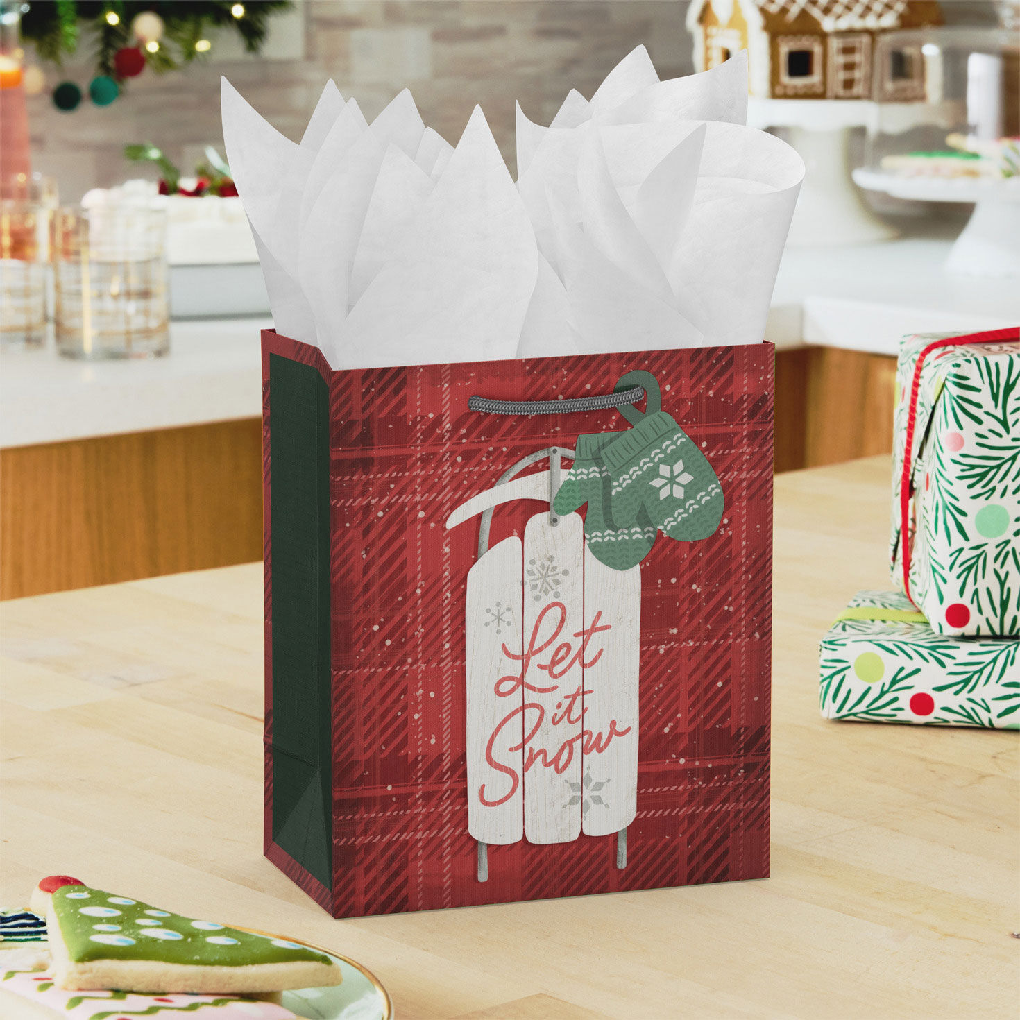 Rustic Sled Red Small Holiday Gift Bag in use image number 2