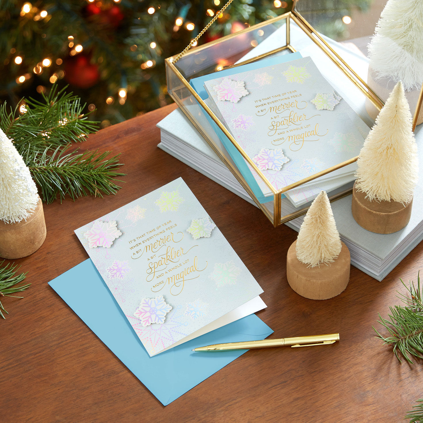 Snowflakes on Light Blue Boxed Christmas Cards In use image number 7
