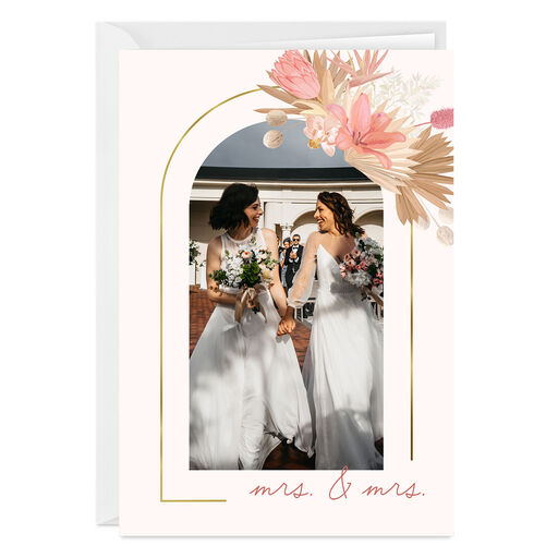 Gold Arch & Pink Flowers Folded Wedding Photo Card, 