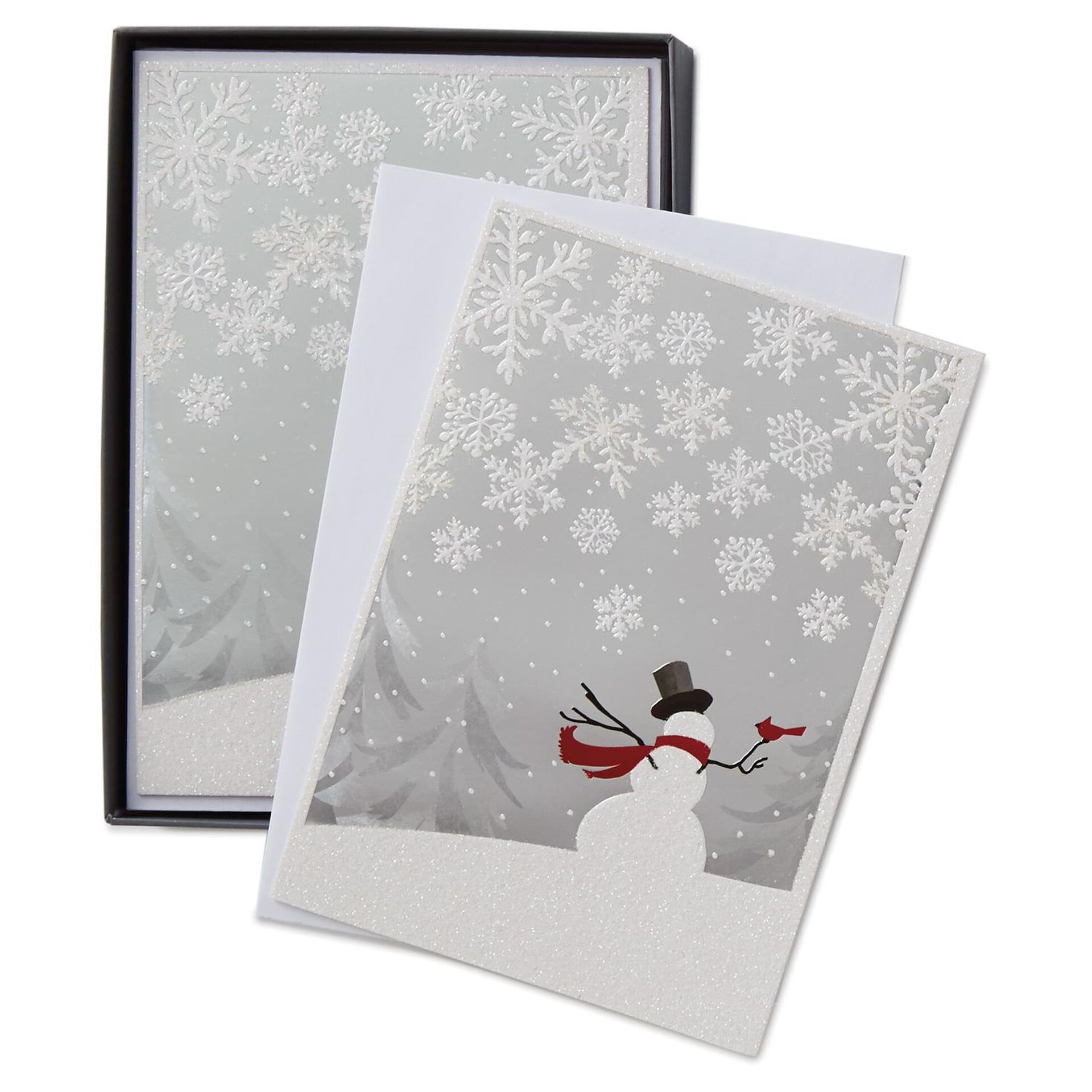 Silver Foil Snowman With Cardinal Christmas Cards, Box of 16 Boxed