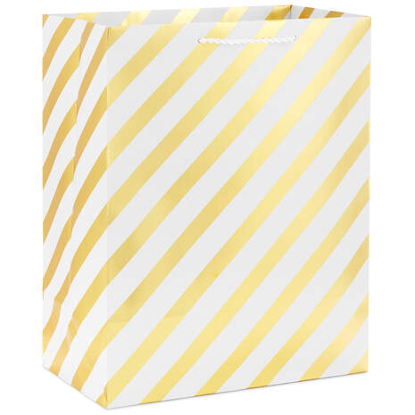 13" Gold and White Diagonal Stripes Large Gift Bag, , large