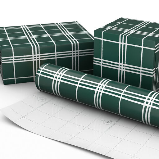 White Plaid on Green Holiday Wrapping Paper, 35 sq. ft., 