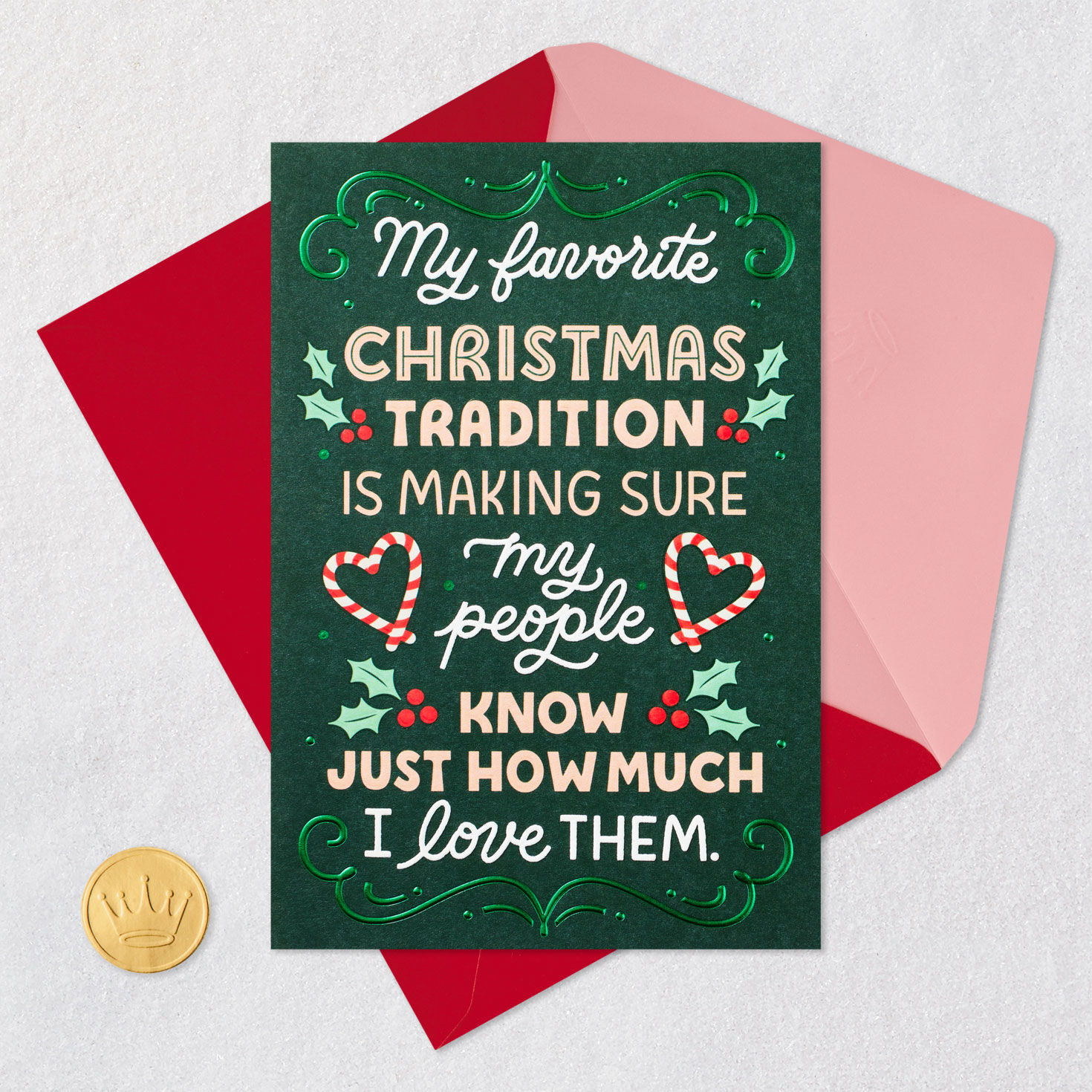 Heart-Shaped Candy Canes and Holly Christmas Card Card with envelope and Seal image number 6