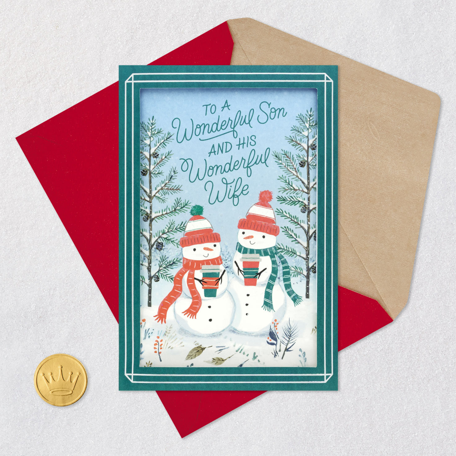 Snowmen Coffee Christmas Card for Son and His Wife Card Front with Envelope and Gold Seal image number 6
