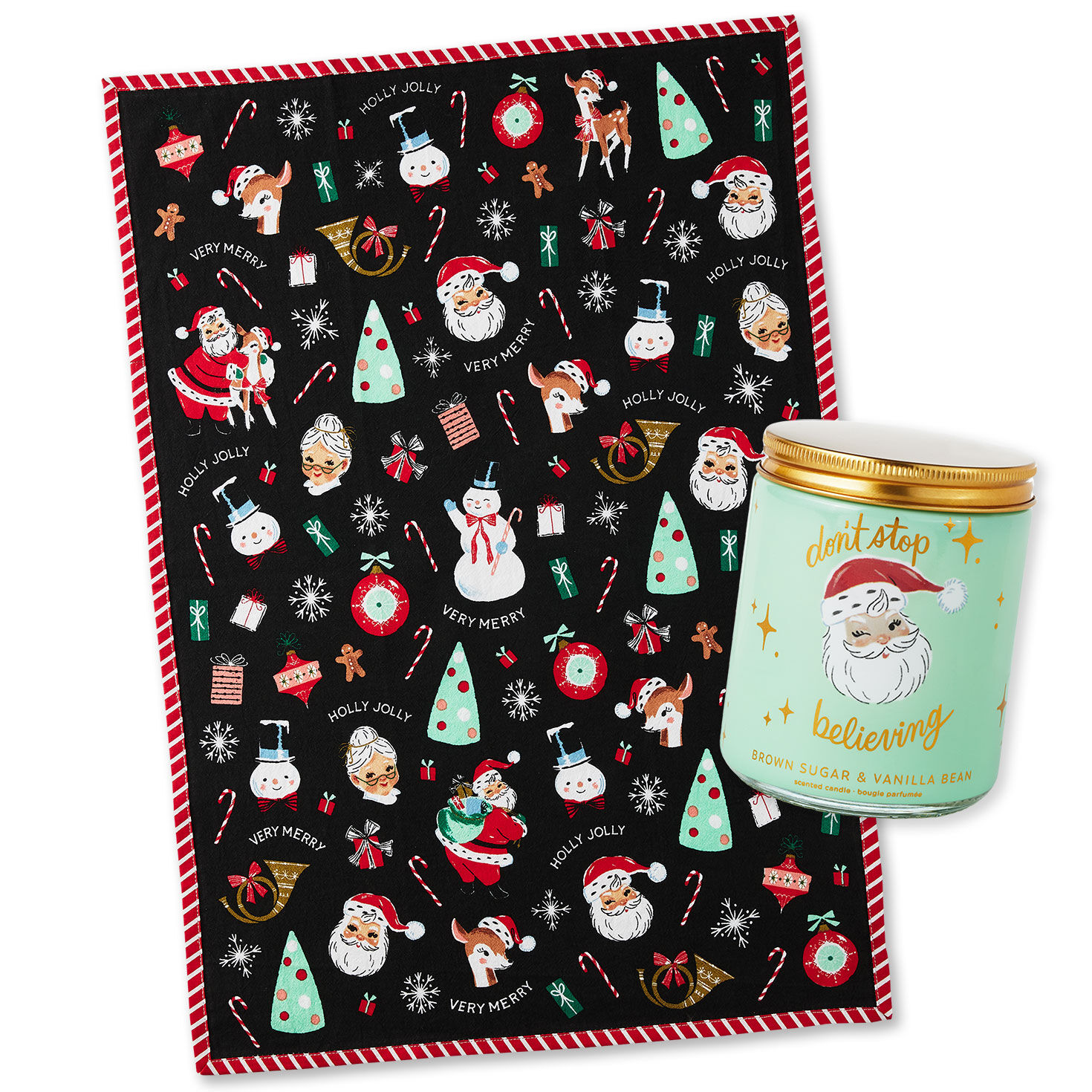 Holiday Icons Tea Towel and Scented Candle Gift Set fronts image number 1