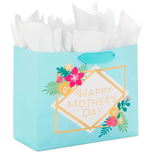 10.4" Floral on Blue Large Horizontal Mother's Day Gift Bag With Tissue, 