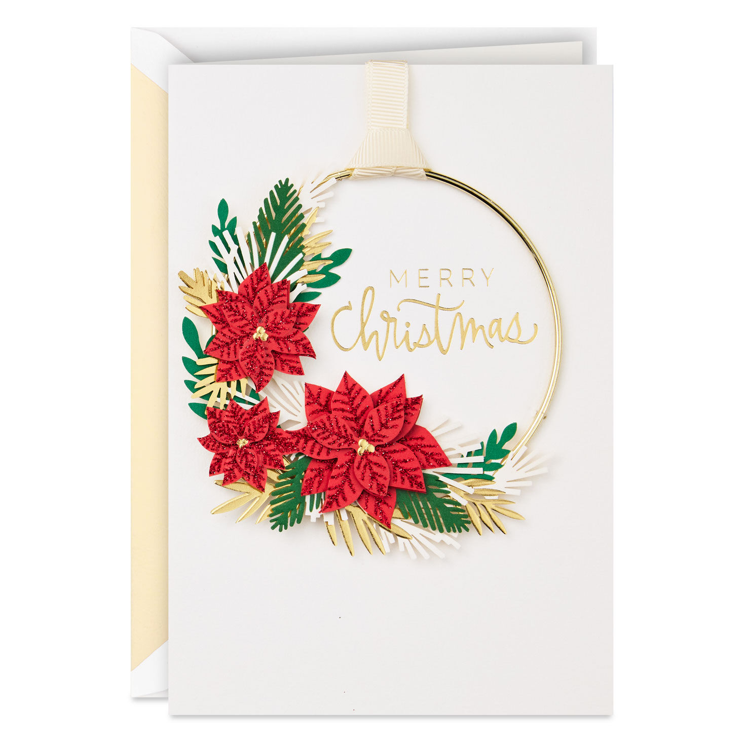 Merry Christmas Poinsettias Christmas Card With Hoop Wreath