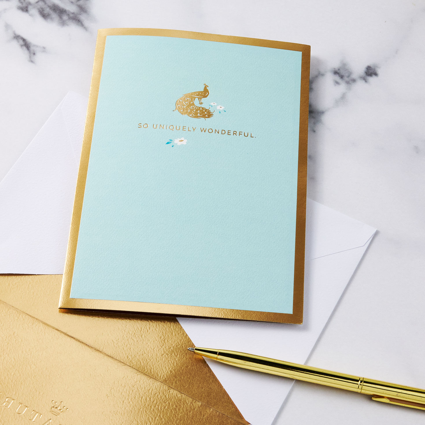 Blue and Green Peacock Encouragement Card Card Front with Envelope and Gold Pen image number 7