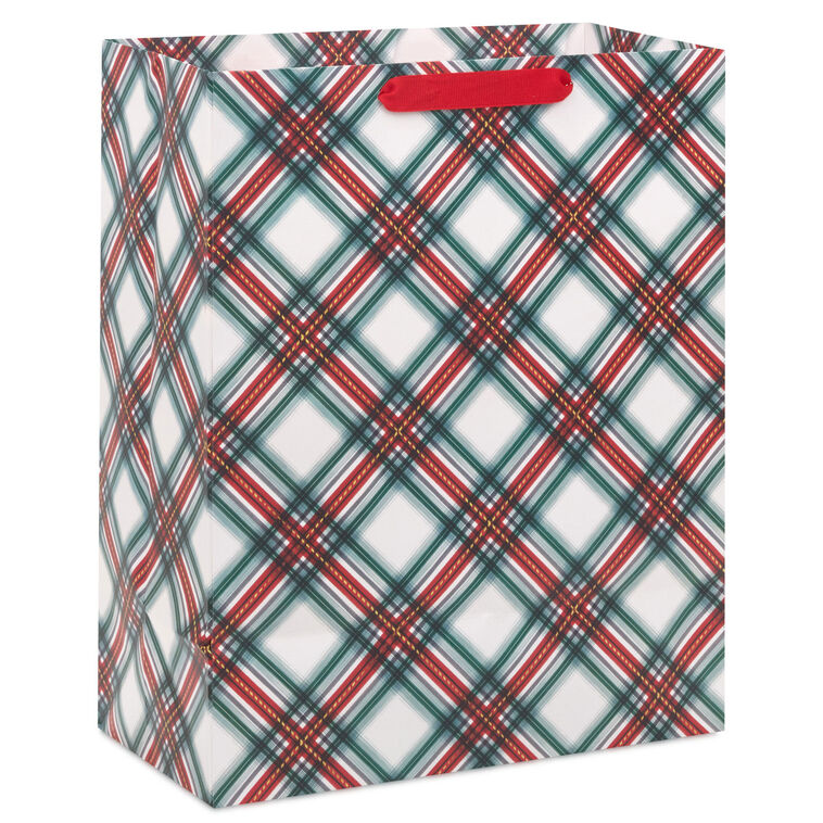 Festive Red and Green Plaid Large Holiday Gift Bag Back image number 6