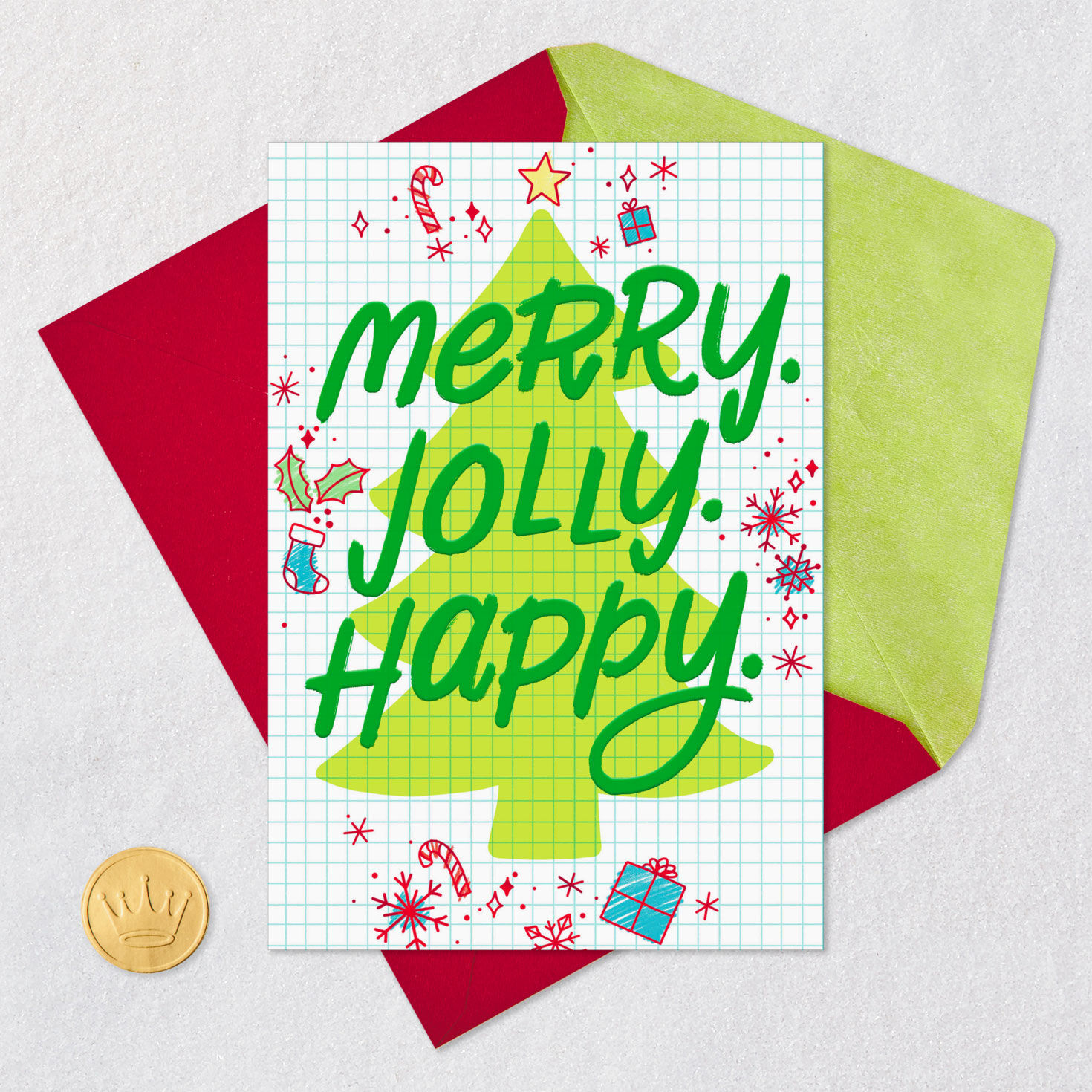 Festive Doodle Tree Christmas Card Card Front with Envelope and Gold Seal image number 5