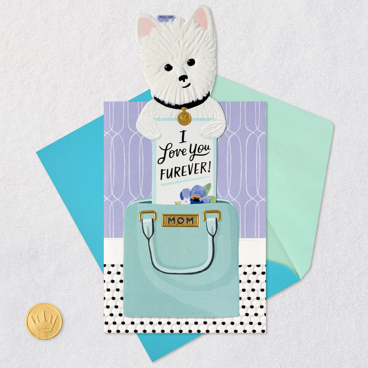 White Dog in Teal and Gold Purse Mother's Day Card Card Front with Envelope and Gold Seal image number 6