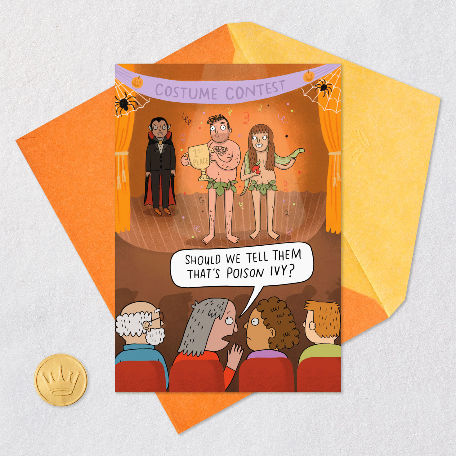 Poison Ivy Adam and Eve Costumes Funny Halloween Card Card Front with Envelope and Gold Seal image number 5