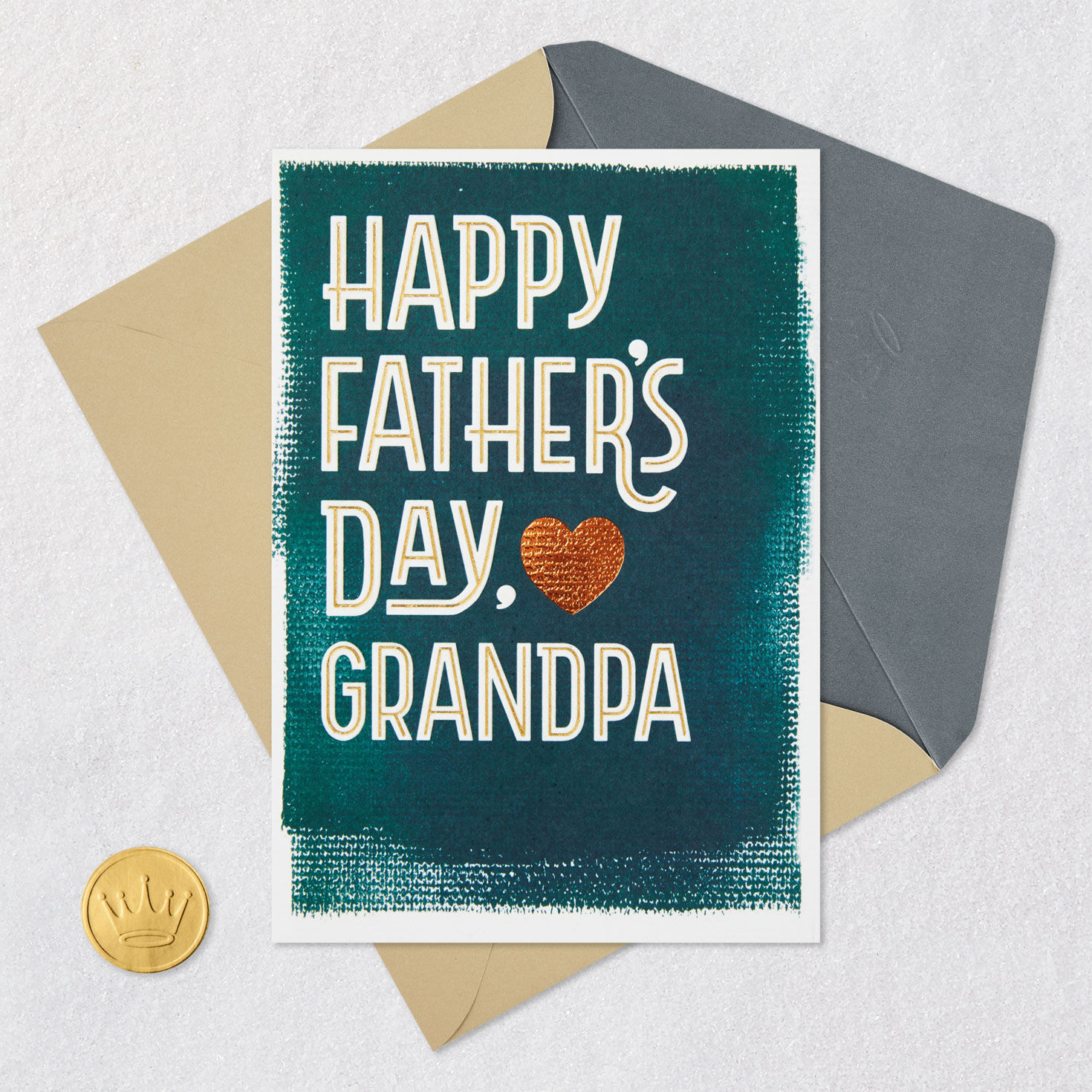 Copper Heart on Blue Burlap Grandpa Father's Day Card Card Front with Envelope and Gold Seal image number 6