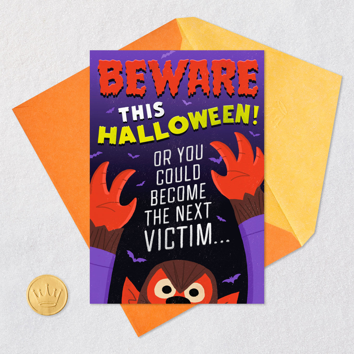 Red Werewolf Funny Halloween Card Card Front with Envelope and Gold Seal image number 4