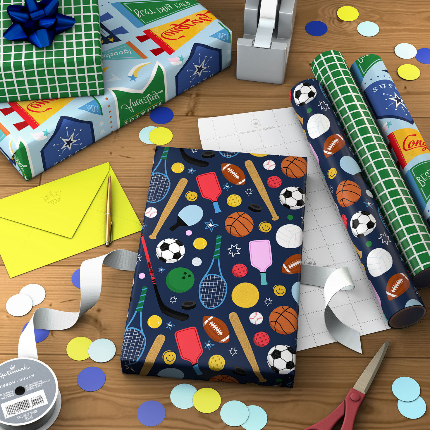 Sports Pennants, Balls and Grid Mini Gift Wrap Rolls in use image number 3
