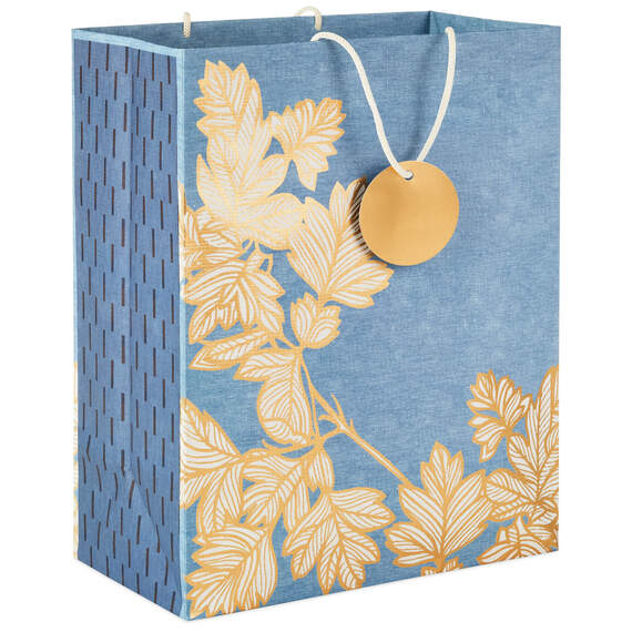 13" Gold Leaves on Chambray Blue Large Gift Bag, , large image number 1