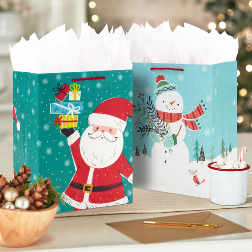11.5" Santa and Snowman 4-Pack Large Christmas Gift Bags, 